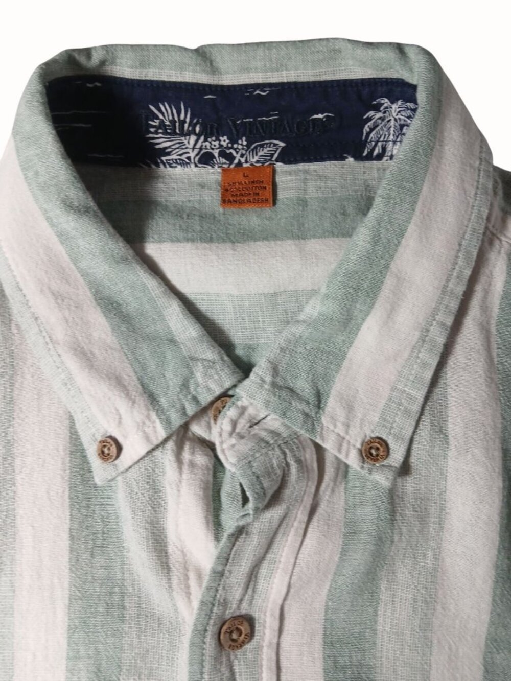 Tailor Vintage Mens Green White Striped Puretec Cool Linen Button Shirt Size L - Picture 11 of 13